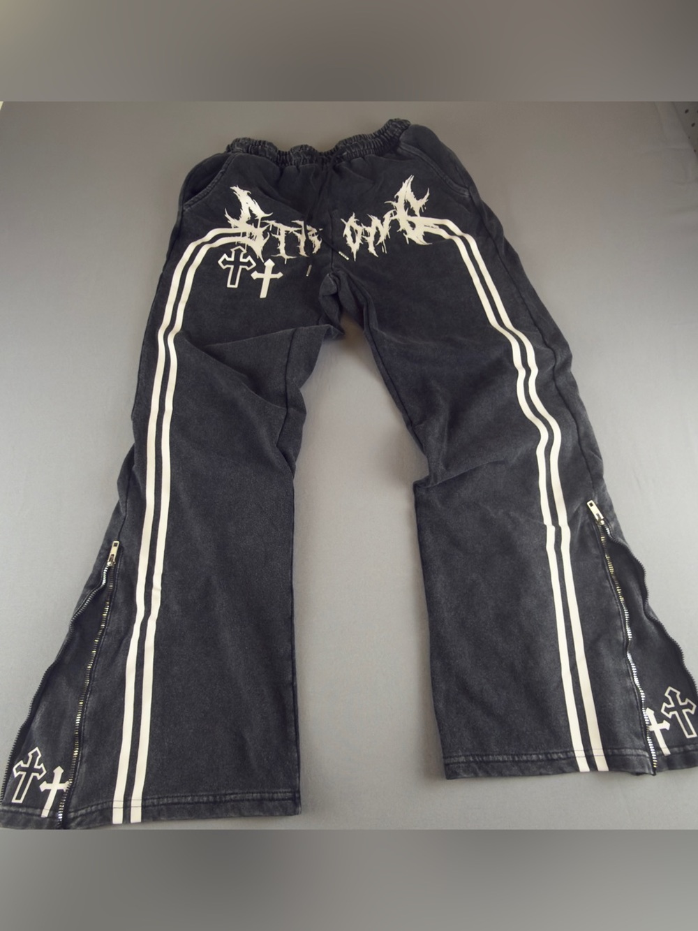 ROMWE Y2K Goth Wide Leg Zip Flare Sweatpants - Black Dark Wash Medium